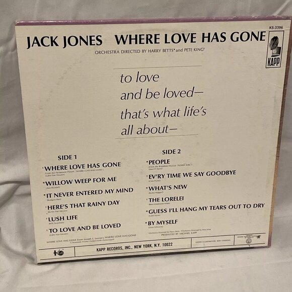 Jack Jones Where Love Has Gone (Vinyl, 1964) Kapp Records KS-3396 VG+ LP Record - Picture 3 of 10